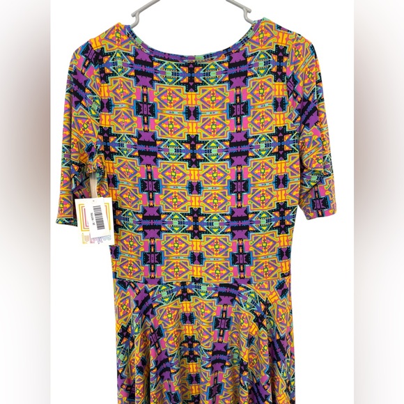 Lularoe Nicole Geometric Printed Midi Dress Size M Yellow Purple Short Sleeves - Picture 5 of 10